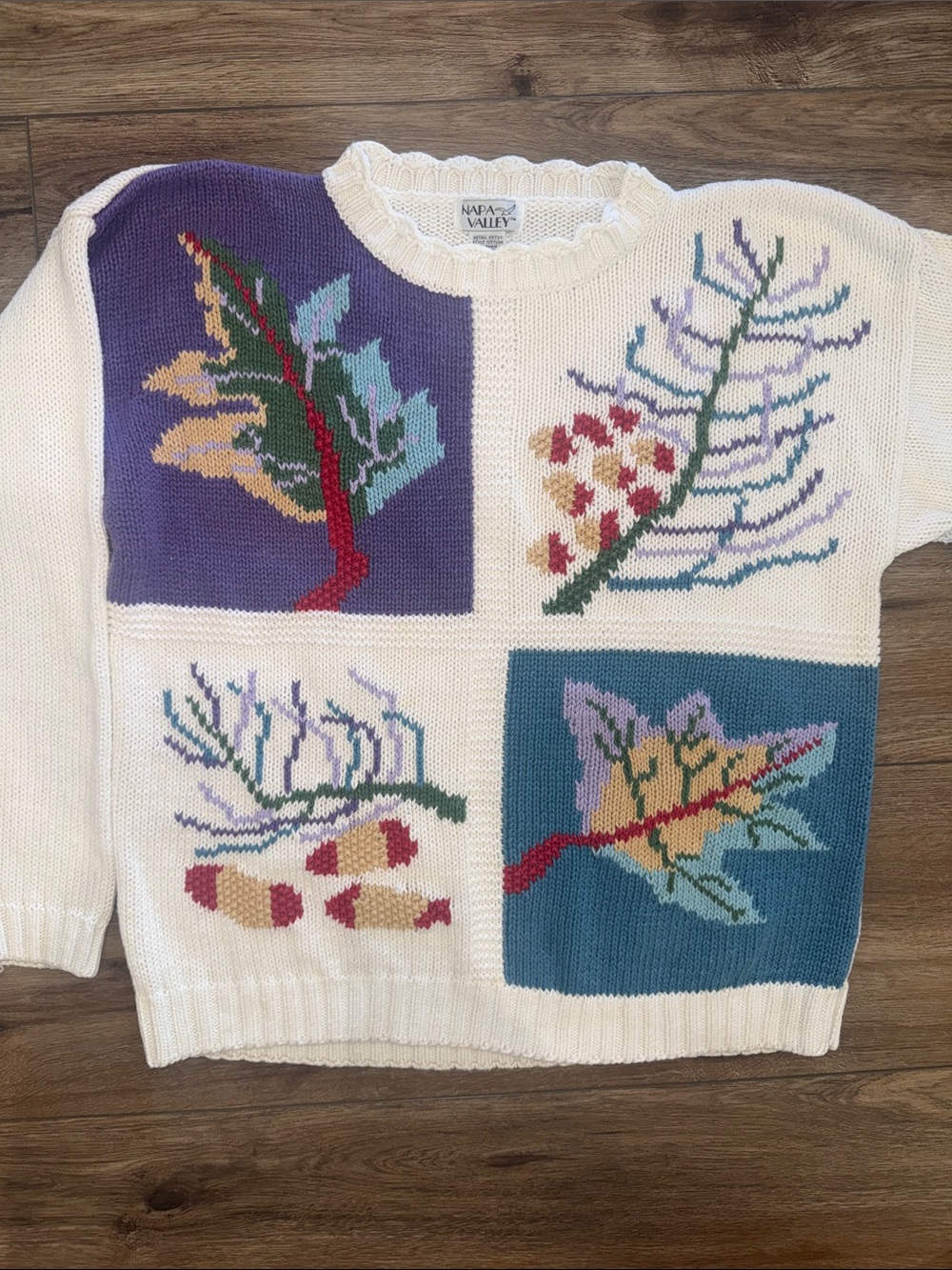 Cream Multicolor Patchwork Leaf Sweater. Granny core. Cottage core. Vintage.